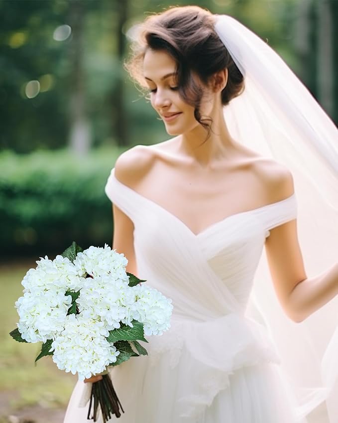 6PCS Premium White Hydrangea Artificial Flowers Bouquets, Ivory Silk Hydrangea Flowers Heads with Stems, Fake Hydrangeas Flowers Arrangement, Faux Hydrangea Decor for Home Wedding Party Baby Shower