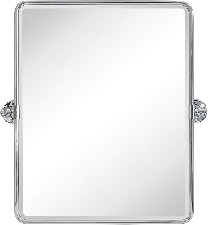 Farmhouse Chrome Metal Framed Pivot Rectangle Bathroom Mirror Rounded Rectangluar Tilting Beveled Vanity Mirrors for Wall, Overall 22.91 x 24 inches (Mirrror 19 x 24 inches)