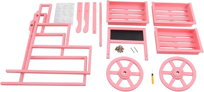 Flower Display Stand | 3-Tier Wood Flower Cart | Flower Cart Display Stand with Wheels | Ladder Shaped Plant stand | Market flower display Stand | Handle & Blackboard (Pink)