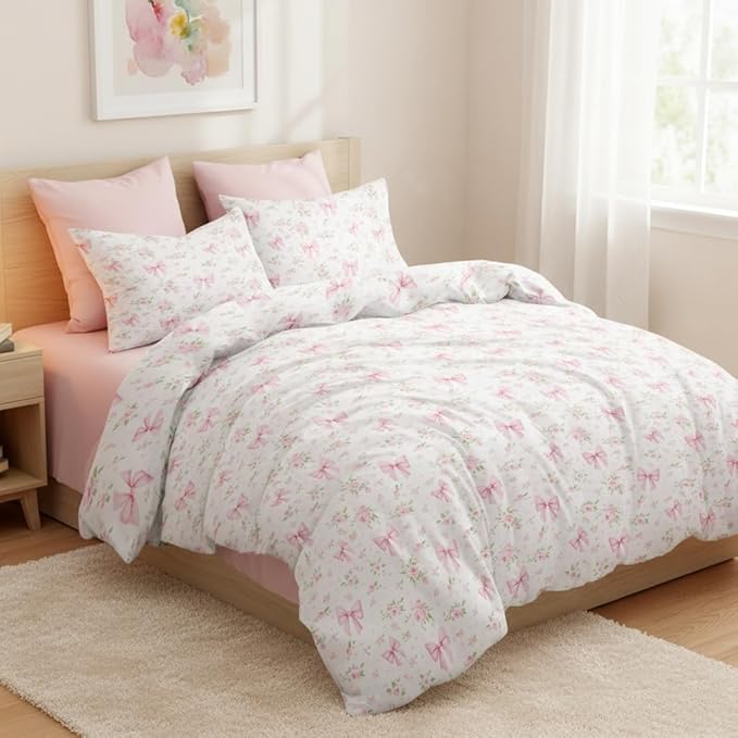 Nayoroom Pink Bow Duvet Cover Queen Size White Green Leaf Floral Duvet Cover Girls Cute Coquette Bedding Set 3 Pieces Soft Lightweight Spring Cottage Core Bedding Gifts for Women