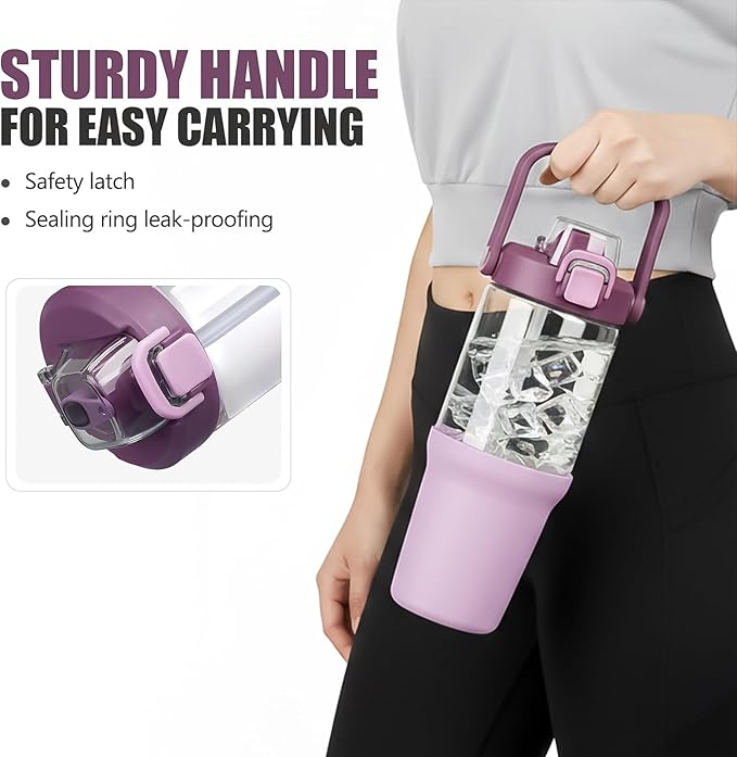 Glass Tumbler with Carry Handle, Clear Glass Water Bottle with Leakproof Lid, Spout Lid&Straw, BPA-Free, 32 oz, Lilac