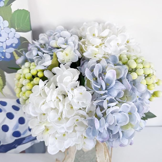 Faux Hydrangeas in Glass Vase, Artificial Fake Flower Silk Hydrangea Bouquet with Vase, Table Centerpiece Decorations Wedding Bouquets for Party Office Farmhouse Kitchen Home Decor