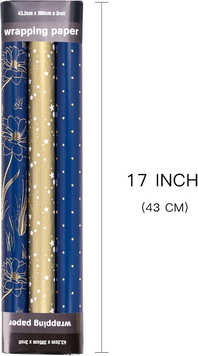 LeZakaa Floral Wrapping Paper Roll, Luxury Metallic Gift Wrap with Floral, Stars & Polka Dot Design for Mothers Day, Wedding, Bridal Shower, Birthday, Anniversary, 17 x 120 inches, 3 Rolls, Mini Roll