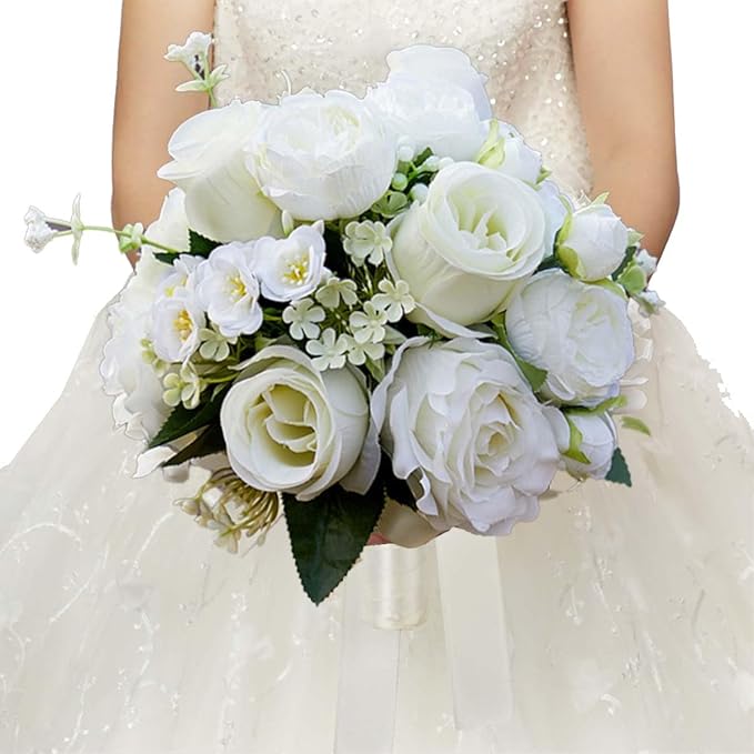 CYANLUX Wedding Bouquets for Bride Bridesmaid Bouquet Champagne White Artificial Roses Flowers for Wedding Valentine's Day Church Home Decoration… (White Rose)