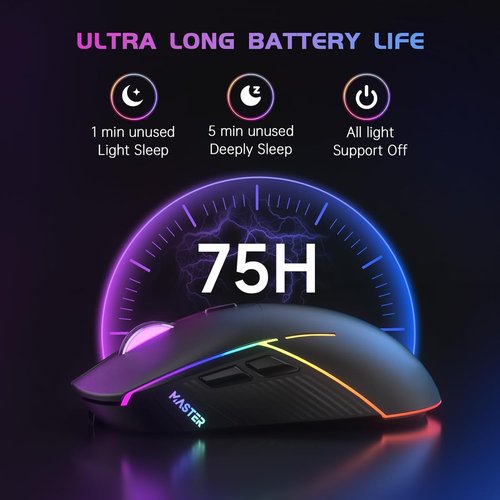 FFJ Wireless Gaming Mouse - 24000 DPI Tri-Mode | RGB Programmable, 75H Battery Life, Rechargeable, Black