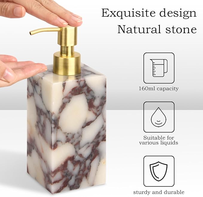 Natural Marble Soap Dispenser for Bathroom and Kitchen Countertop - 5.41 Ounces Hand Lotion and Liquid Stone Shampoo Laundry Bottle with Pump (1, Calacatta Viola, Rectangular Bottle)