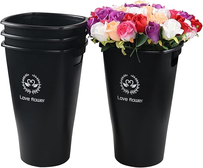 16 Inch Plastic Tall Floral Buckets for Cut Flowers, Set of 4 Wedding Flower Buckets Vase for Wedding Party Decoration, Black