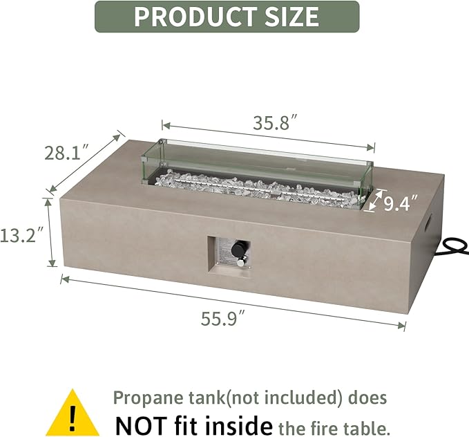 COSIEST Outdoor Propane Fire Pit Table, 56-inch x 28-inch Rectangle Gray Concrete-Like Finish, Certified, 50,000 BTU Stainless Steel Burner w Transparent Gray Fire Glass, Wind Guard, Raincover