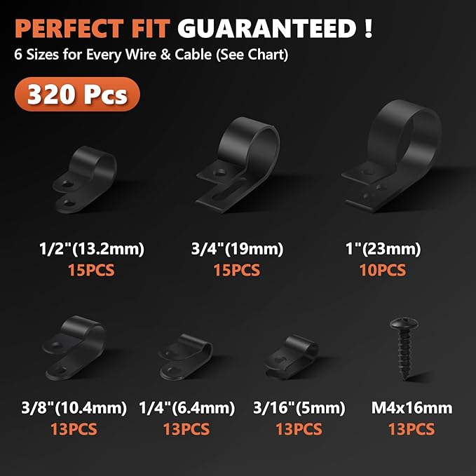 320PCS Black R Cable Clips-6 Sizes 3/16''1/4'' 3/8''1/2''3/4''1''-Premium PA66 Nylon | High Temp Resistant | Durable Wire Management Clamps Assortment Kit with Screws for Organizing Wires Cords