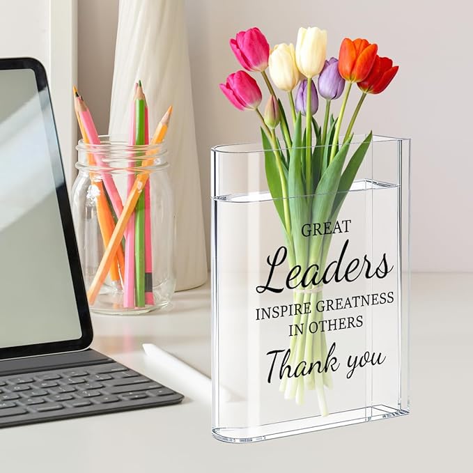Leader Boss Bosses Day Gifts for Women Men Manager Funny Office Decor for Women Wooden Acrylic Book Flower Vase National Boss Day Decorations Gifts for Leader HR Men Manager Bookshelf Desk Decor