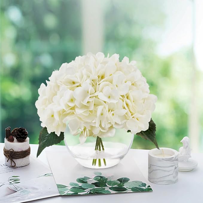 Silk Hydrangea Flowers in Vase, Small Silk Flowers in Vase with Faux Water for Home Decor Wedding Table (Cream White)