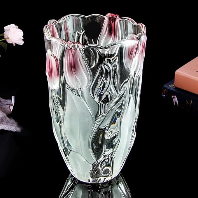 Glass Flowers Vase 9.3 inch Tall, Unique Crystal Vases for Tables Centerpieces, Vintage and Tulip Shape Large Vases Christmas Thanksgiving Gifts.