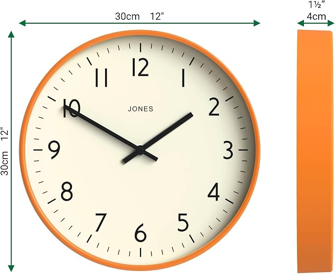 JONES CLOCKS® Studio wall Clock | Modern Round Style | 12 inch | Orange | Easy to Read Numbers | Versatile Design for Kitchen, Living Room or Office