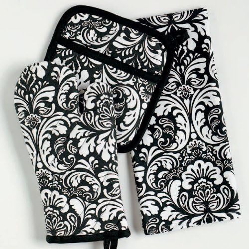 DII Cotton Dish Towel Set Damask Print, 18x28, Black, 2 Count