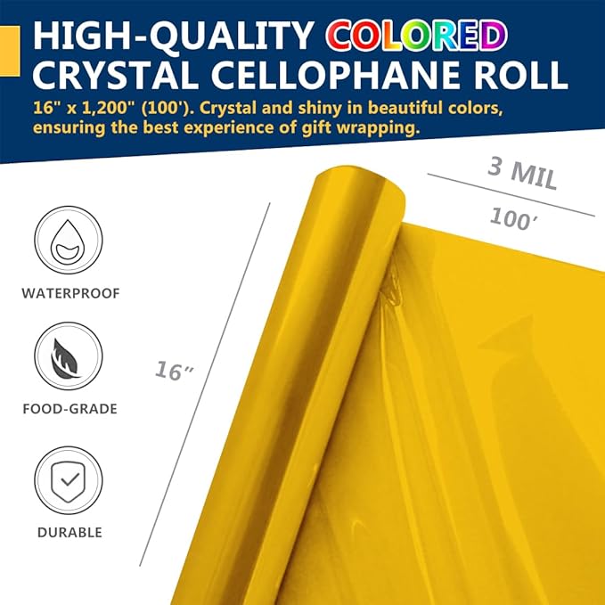 PerkHomy Colored Cellophane Wrap Roll 16" x 100' 3 Mil Thick Cellophane For Gift Basket Treats Goodie Wrapping Craft Flower Bouquet Plastic (Gold, 100ft (16in Width))