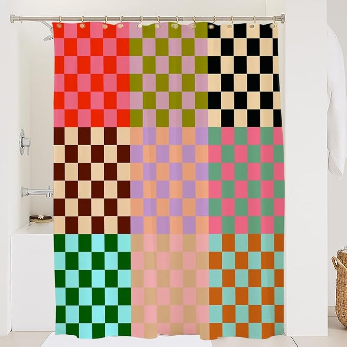 Mid-Century Abstract Boho Shower Curtain, Retro 70s Colorful Checkerboard Art Curtains for Bathroom,Morden Boho Shower Curtains 72x72 Inch