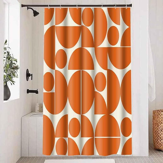 Vintage Orange Mid Century Modern Shower Curtain Boho Abstract Geometric Art Shower Curtains for Bathroom Decor 48x72 Inch 70s 80s Retro Washable Fabric Bathroom Set with 8 Hooks