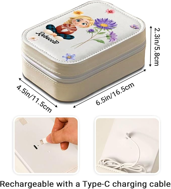 Wrappiness Girls & Women Lovely Makeup Box With LED Mirror - Personalized Jewelry Box Organizer Portable Ideal for Travel, Gift for Daughters Sisters Friends (Birth Month Flower, Teen Girls)