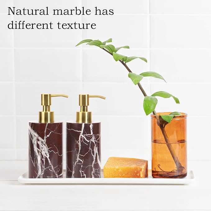 Natural Marble Soap Dispenser for Bathroom and Kitchen Countertop - 5.41 Ounces Hand Lotion and Liquid Stone Shampoo Laundry Bottle with Pump (1, Rosso Lepanto, Cylindrical Bottle)