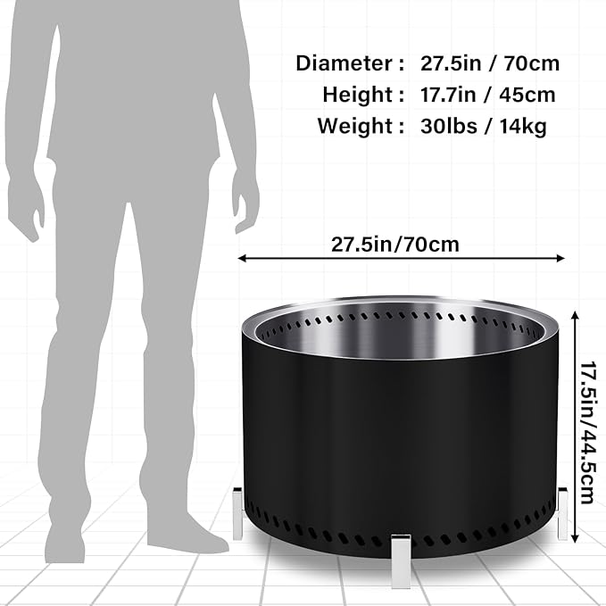 HGD 28" Smokeless Firepit with Stand, Stainless Steel Wood Burning Fire Pit for Friends & Family Gatherings, Secondary Combustion Outdoor Patio Stove for Garden BBQ & Bonfire (Black)