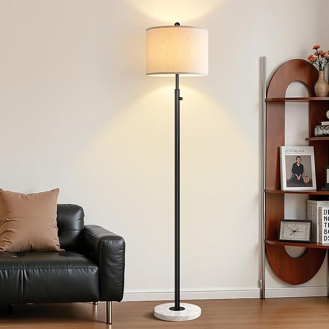 Nintiue Dimmable Floor Lamp for Living Room, 11W LED Bulb Included, Modern Standing Lamp with Marble Base, Tall Pole Light with White Linen Shade for Bedroom Reading Office Corner Nursery-Black