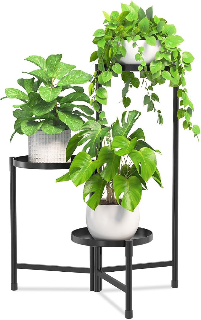 iDavosic.ly 3 Tier Large Plant Stand Indoor with 10 Inch Wide Tray, Tiered Corner Metal Outdoor Flower Display Holder Shelf, Folding Tall Rack for Patio Porch Living Room, Modern Black