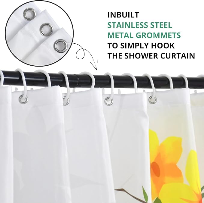 Yellow Floral Extra Long Shower Curtain, Flower Blossom Plant Botanical Spring Durable Waterproof Fabric Machine Washable with Hooks for Bathroom Bathtub Decor 72Wx84H