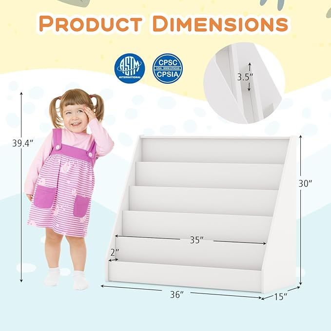 Costzon 5-Tier Kids Bookshelf, Wooden Children Bookcase, Toddler Book Rack, Magazine Storage & Display Shelf, Book Shelf for Kids Room, Living Room, Nursery, Classroom (White)