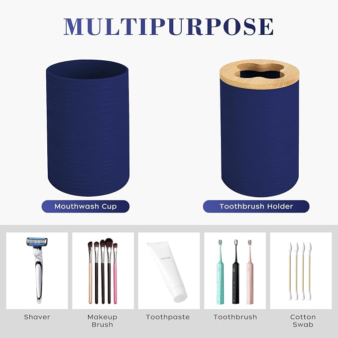 4 PCS Navy Blue Bathroom Accessories Set, Includes a Soap Dispenser, Toothbrush Holder, Soap Dish and Mouthwash Cup, Plastics & Bamboo Bathroom Set, Bohemian Style Bathroom Sink Set