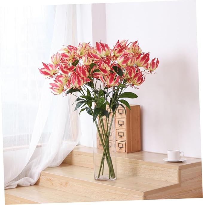 Simulated Lily Flower Artificial Bouquet Red Faux Flower Decorative Arrangement for Home Office Wedding Party Props and Vibrant Festival Decor