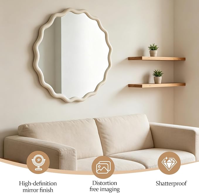 24" Wavy Edge Round Mirror, Solid Wood Framed Wall Decor with Clear Reflection for Bathroom, Bedroom, Living Room & Entryway (White)