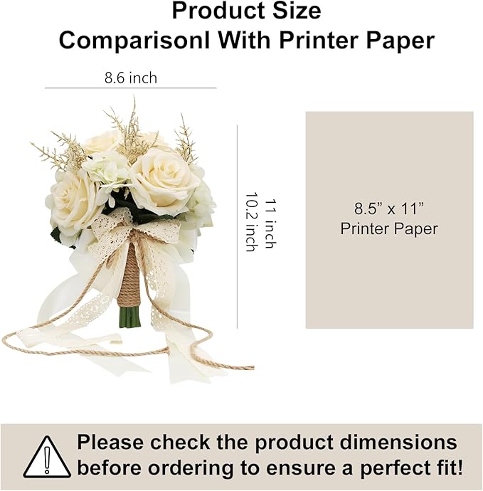 Artificial Plant, 1 Champagne White Rose Bridal Bouquet, 8.6 x 10.2 x 8.6 inches, Wedding Bouquets for Bride, Bridesmaid Bouquets with Silk Ribbon, Decoration
