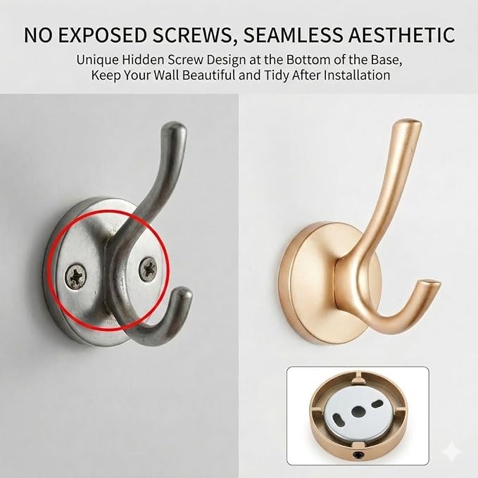 Matte Gold Towel Hooks 4 Pack, Heavy Duty Zinc Alloy Double Prong Coat Robe Hooks, Wall Mounted Towel Hooks for Bathroom, Kitchen, Closet, Garage, Entryway (195gold)