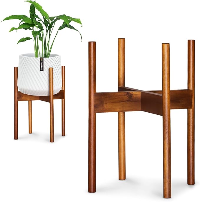 Fox & Fern Mid Century Plant Stand — 10 Inch Fixed Size Wooden Plant Stand for Indoor Planters (Not Included) - Raised Flower Pot Holder for Indoors - Plug In Design - Two Height Options - Acacia