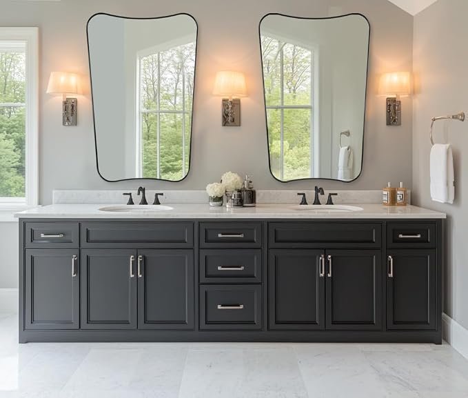 ANDY STAR Bathroom Mirror, 26x38 Inch Matte Black Vanity Mirror, Black Asymmetrical Mirror in Premium Stainless Steel Metal Frame Deep 1’’, Wall Mount Vertically Only