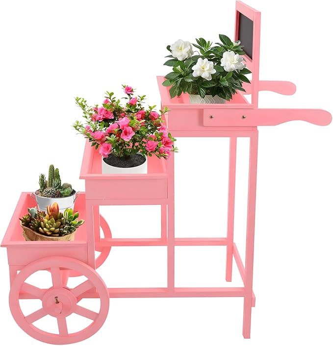 Flower Display Stand | 3-Tier Wood Flower Cart | Flower Cart Display Stand with Wheels | Ladder Shaped Plant stand | Market flower display Stand | Handle & Blackboard (Pink)