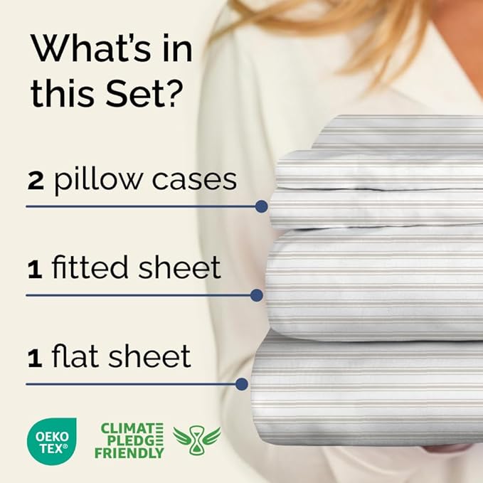 Grey Striped Sheets - 1 Flat & 1 Fitted Sheet & 2 Pillowcases w/ Deep Pockets - Comfy, Cozy, Wrinkle & Fade Resistant - Ultra Soft, Breathable and Cooling - Luxury Pinstripe Bedding - King Size