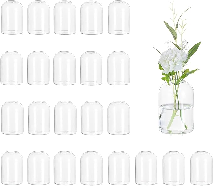 Hewory Glass Bud Vases for Centerpieces: Set of 24 Blown Clear Small Vase Bulk, Mini Cute Flower Vase for Floral Arrangement, Modern Decorations for Wedding Party Event Table Decor, 3.7"(H)×2.75"(D)