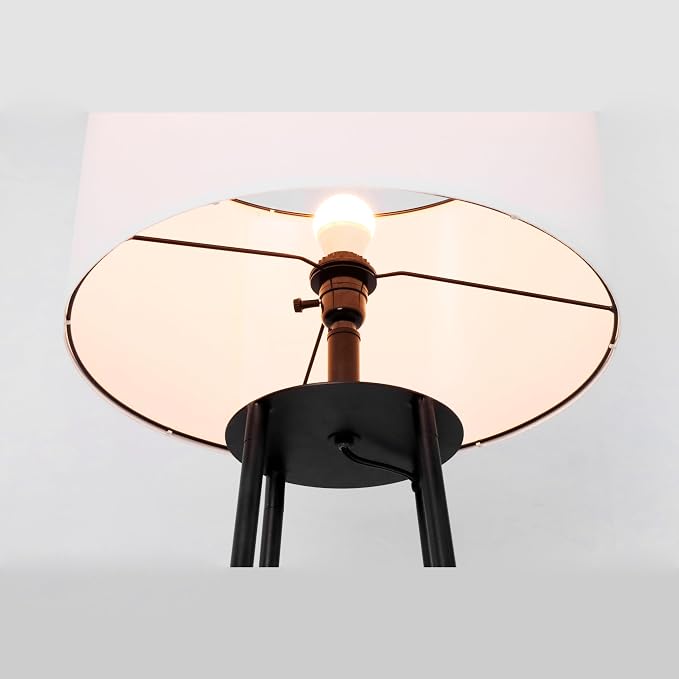 62 Inch Floor Lamp with 2 Wood Shelves, Mid-Century Modern Etagere Lamp Matte Black with LED Bulb