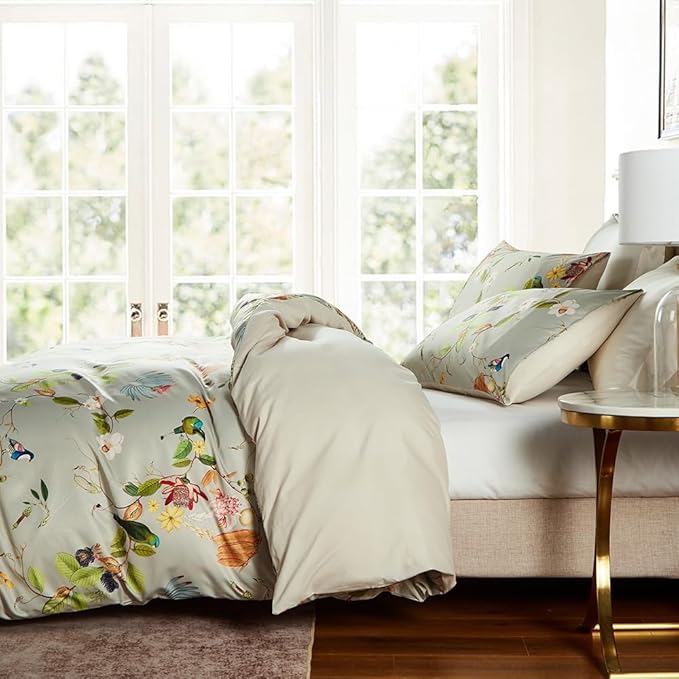 mixinni Garden Style Floral Birds 3 Pieces Duvet Cover King Size Green Leaves Pattern Printed Soft Cotton Comforter Cover with 2 Pillowcases with Zipper Closure for Him and Her-(3pcs, King Size)