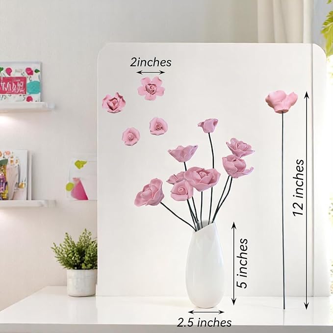 Artificial Flowers with Vase Set, 8 Handmade Ceramic Flowers with Premium Ceramic Vase, Easy Assembly Home Decor Gift Box for Wedding, Mother’s Day, Table Centerpiece (Pale Pink)