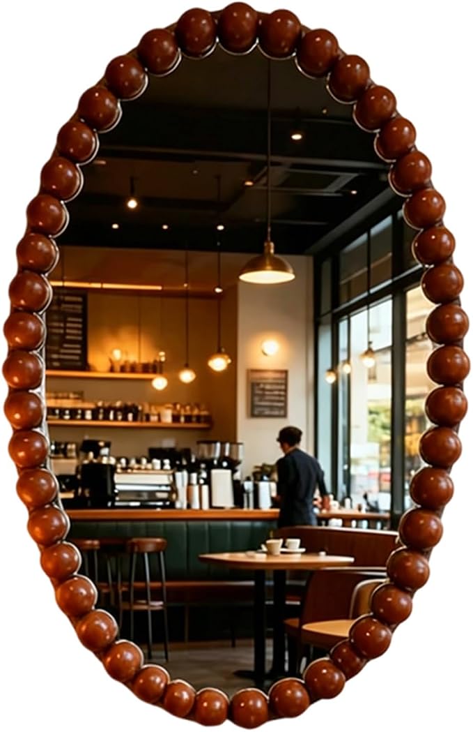 Oval Wall Mirror with Beaded Frame, 81x52cm Boho Wooden Vanity Mirror, for Bathroom, Entryway, Hallway, Living Room