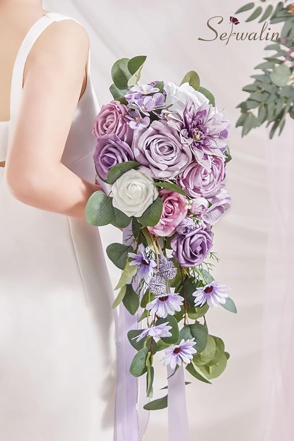 Serwalin 9.8 Inch Wedding Bouquets for Bride Bridesmaid, Purple Dahlia Bridal Bouquets for Bride, Wedding Flowers Bouquet Tossing Bouquet, Wedding Ceremony and Anniversary Decoration