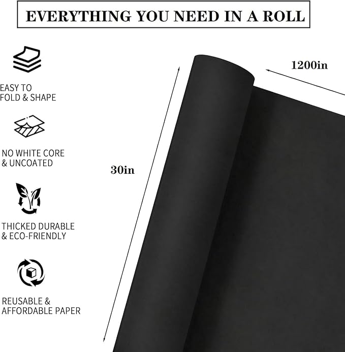 30”x 1200”Black Kraft Wrapping Paper Roll for Bulletin Board Poster Gift Wrapping, Craft Construction Paper for Easel Drawing Painting Art Supplies Packing Table Covering Bouquet Flower Christmas