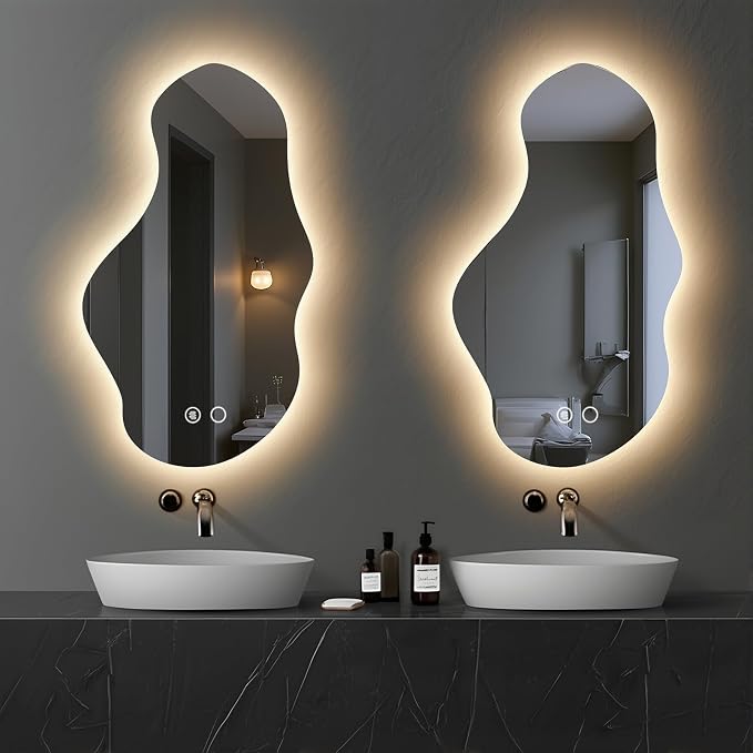 Modern Irregular LED Bathroom Mirror with Lights, Asymmetrical Frameless Smart Lighted Wall Mirror for Living Room Entryway, Large Decorative Makeup Vanity Mirror with Touch Switch(31.5″x55.1″)