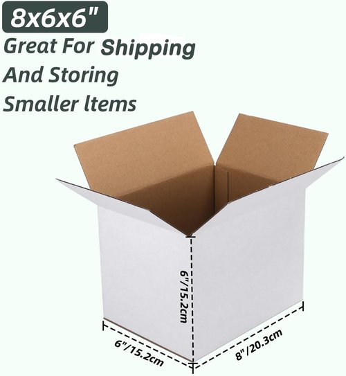 CRUGLA White Shipping Boxes - Set of 6 Corrugated Cardboard for Small Business Mailing | 8x6x6 Inches