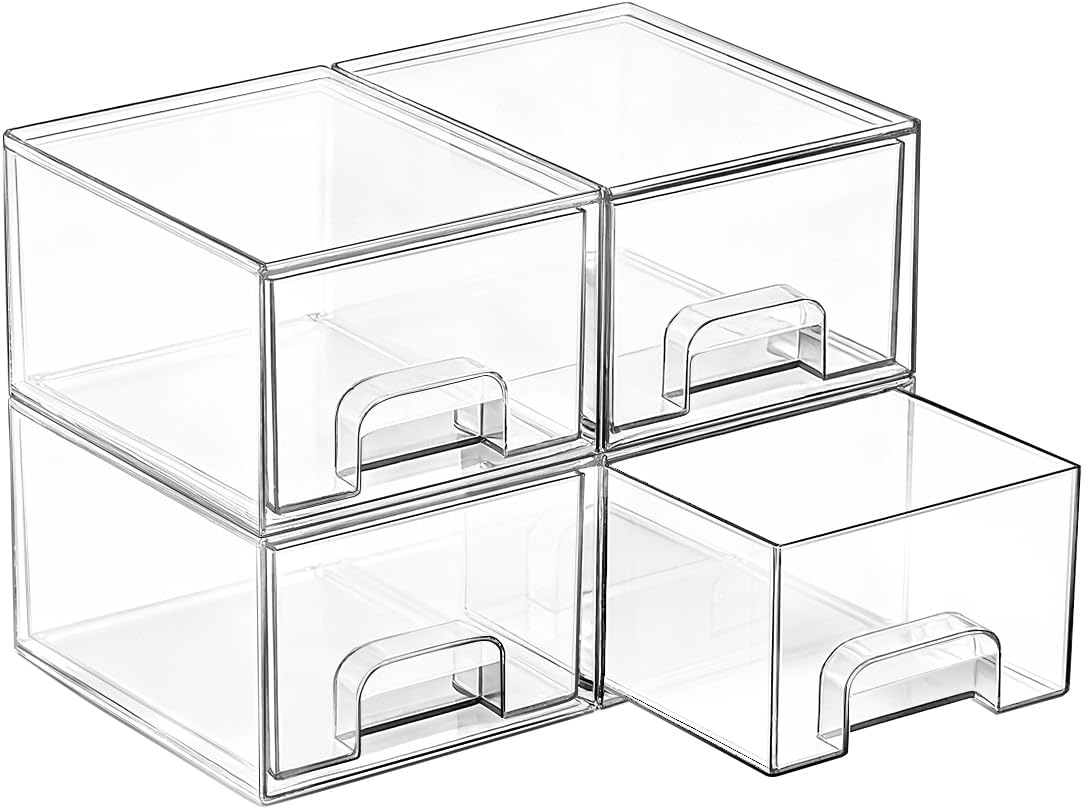 Vtopmart Clear Stackable Storage Drawers - 4 Pack Acrylic Makeup Organizer for Bathroom & Kitchen