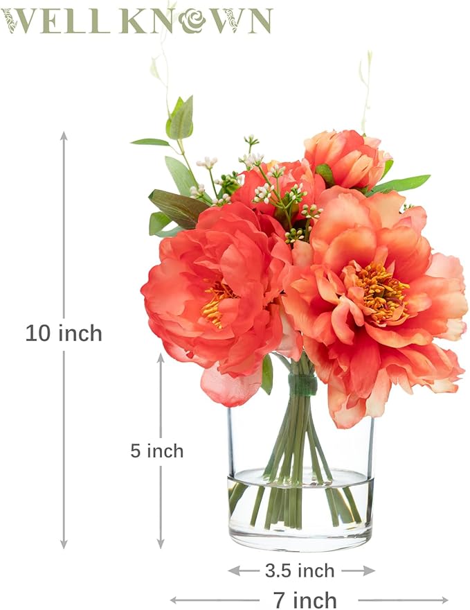 WELL KNOWN Artificial Flowers in Glass Vase with Fake Water, Silk Peony Flower Bouquet for Home Dinning Tea Table, Office Desktop, Hotel, Wedding, Party, Lavatory Decor & Gift (Coral and Orange)
