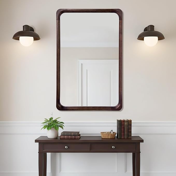 Tanmicoshomy Wood Bathroom Mirror 26 x 40 Inch, Solid Wood Framed Rectangle Mirrors with Tempered Glass for Living Room Bedroom Office or Entryway(Dark Brown)