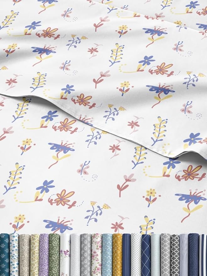 Floral Sheets - Butterfly Floral Bed Sheet Set - 1 Flat, 1 Fitted & 2 Pillowcases w/ Deep Pockets - Wrinkle & Fade Free Boho Botanical Bedding - Soft, Breathable and Cooling - Cal King Size Bed Set